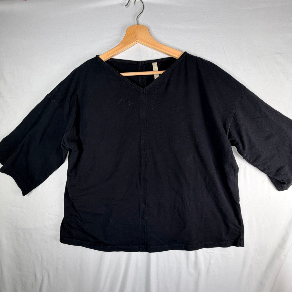 Mata Traders Black V-Neck Boxy Knit Top 3/4 Sleeve Cotton Jersey Size M